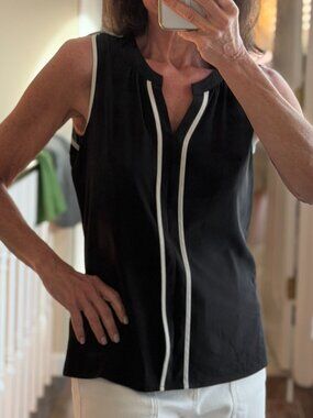 Calvin Klein Minimalist Black White Trim Sleeveless Blouse, Career Chic